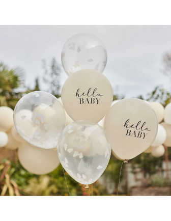 5 Ballons Hello Baby Beige Confettis Nuages - Les Bambetises