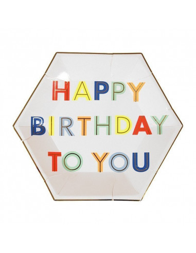 8 petites assiettes octogonales "Happy Birthday" tons pastels et fluos