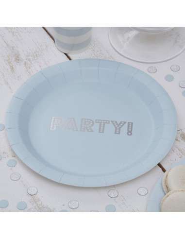 8 assiettes bleu ciel avec écriture "PARTY !" argent