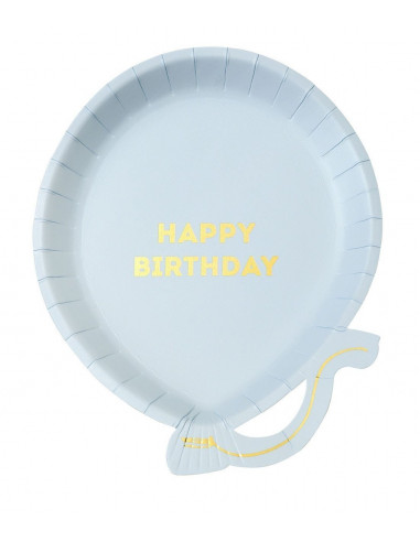 12 assiettes ballons bleu ciel écriture "Happy Birthday" dorée