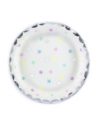 6-petites-assiettes-blanches-etoiles-pastels-bordure-argent-deco-baby-shower-bapteme-anniversaire