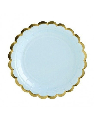 6 petites assiettes bleu pastel bordure dorée 18 cms