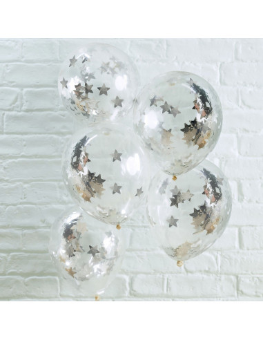 5 ballons transparents avec confettis étoiles argents à l'intérieur