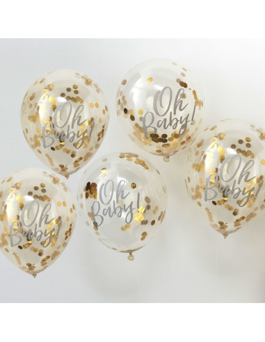 5 ballons transparents avec écriture "Oh Baby" et confettis dorés