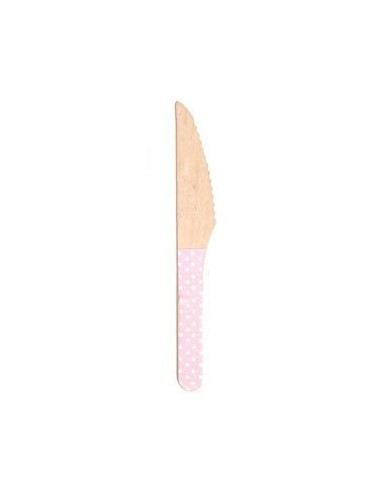24 couteaux en bois avec pois blancs sur fond rose pastel