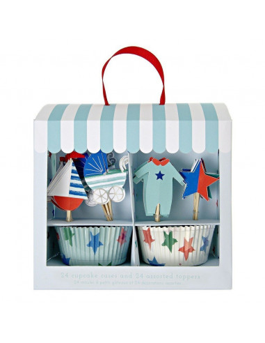 Set caissettes cupcakes bleus et décoration piques bébé