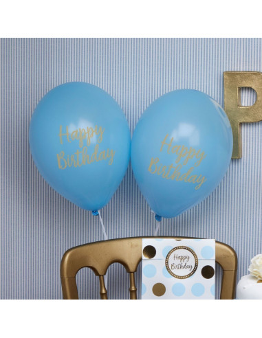 8 ballons bleus écriture "Happy Birthday"