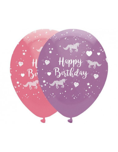 6 ballons en latex avec écriture Happy Birthday et dessins pour anniversaire Licorne