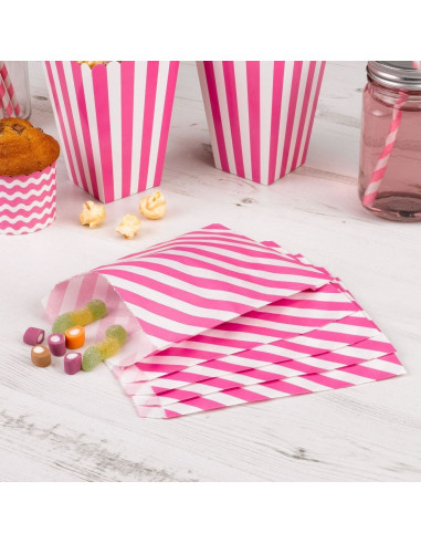 25 sachets en papier rayés rose bonbon et blanc