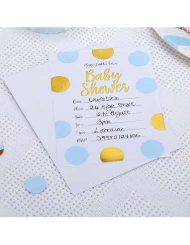 10 invitations Baby Shower pois bleus et dorés avec enveloppes blanches