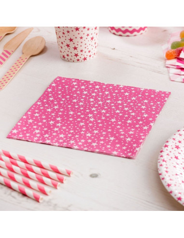 20 serviettes en papier fond rose bonbon étoiles blanches