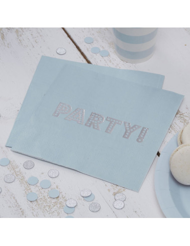 20 serviettes bleu ciel avec écriture "PARTY !" argent