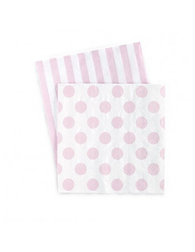 20 petites serviettes blanches pois et rayures rose pastel