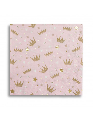16 grandes serviettes rose pastel couronnes mordorées