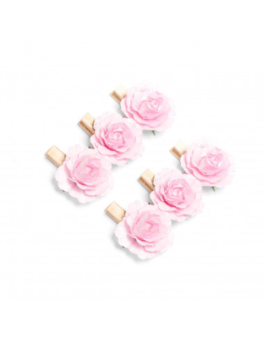 6 mini pinces bois avec roses rose pastel