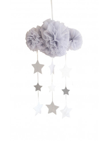 Mobile nuage en tulle gris avec étoiles argent